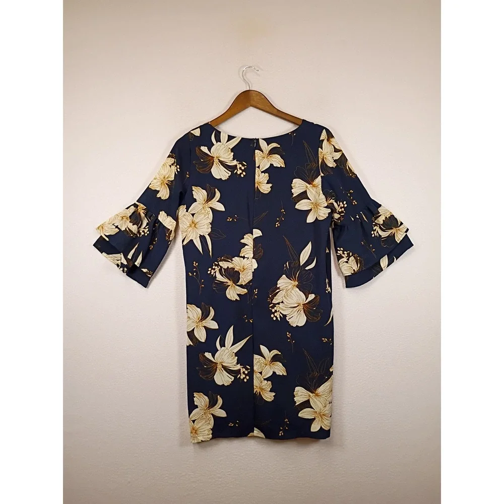 Boho Floral Belongsci Womens Small Navy Blue Tiered Bell Sleeve Shift Dress